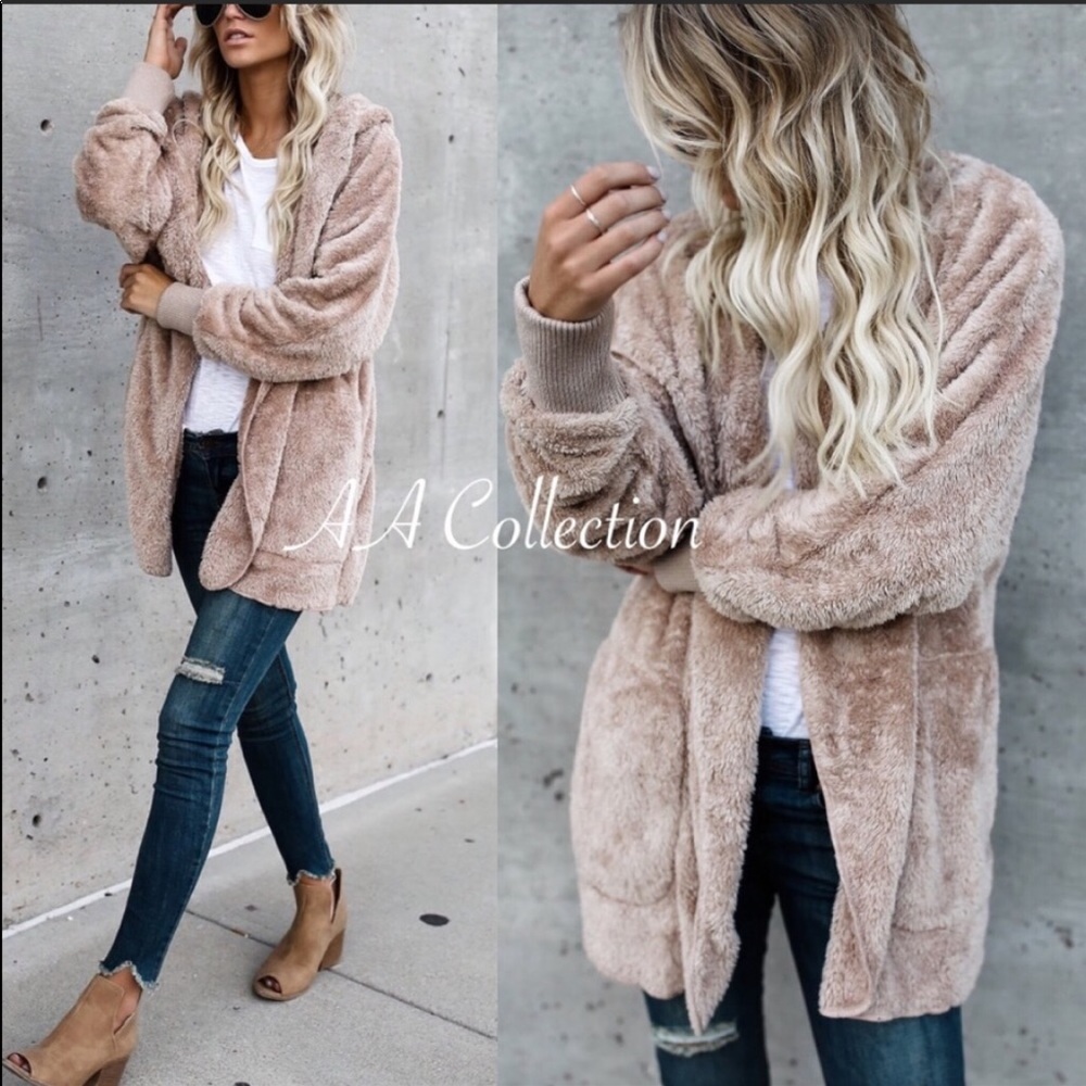 Faux Fur Sherpa Hoodie Jacket Coat Cardigan OS - Picture 7 of 12